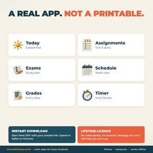 Puede incluir: Una interfaz digital titulada A REAL APP. NOT A PRINTABLE. con seis iconos para Today, Assignments, Exams, Schedule, Grades y Timer. Las secciones inferiores incluyen texto sobre descarga, licencia y compatibilidad de dispositivos.