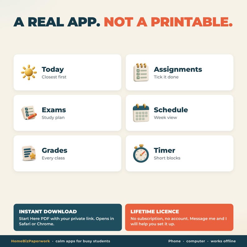 Puede incluir: Una interfaz digital titulada A REAL APP. NOT A PRINTABLE. con seis iconos para Today, Assignments, Exams, Schedule, Grades y Timer. Las secciones inferiores incluyen texto sobre descarga, licencia y compatibilidad de dispositivos.