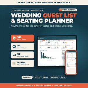 May include: A digital wedding guest list and seating planner for Google Sheets and Excel 2026. The interface displays a dashboard with guest counts, RSVP status, and seating charts on a computer screen and a mobile phone, with text labels.