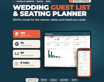 May include: A digital wedding guest list and seating planner for Google Sheets and Excel 2026. The interface displays a dashboard with guest counts, RSVP status, and seating charts on a computer screen and a mobile phone, with text labels.