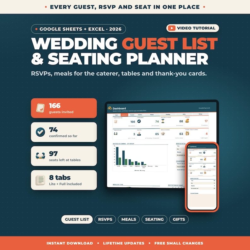 May include: A digital wedding guest list and seating planner for Google Sheets and Excel 2026. The interface displays a dashboard with guest counts, RSVP status, and seating charts on a computer screen and a mobile phone, with text labels.