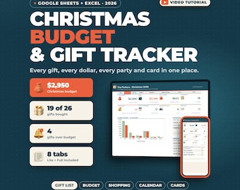 Weihnachtsbudgetplaner (Google Tabellen, Excel) | Geschenkübersicht, Feiertagsbudget-Tabelle, Weihnachtsgeschenkliste, Kartenliste, Feiertagsplaner