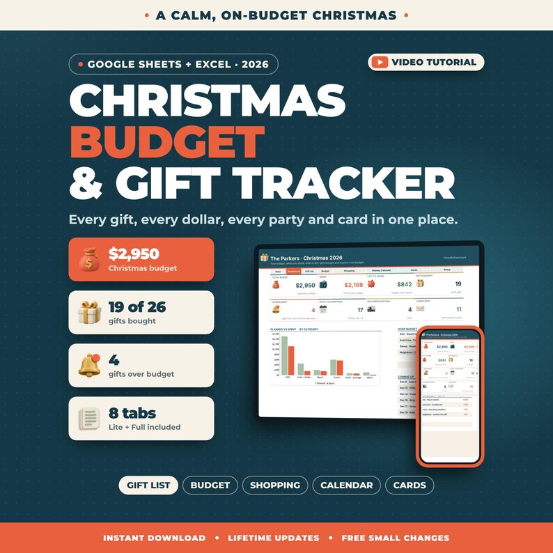 May include: A digital Christmas budget and gift tracker for Google Sheets and Excel 2026. The interface displays summary statistics, a bar chart, and a mobile phone view. Text includes A CALM, ON-BUDGET CHRISTMAS, CHRISTMAS BUDGET & GIFT TRACKER, and various labels.