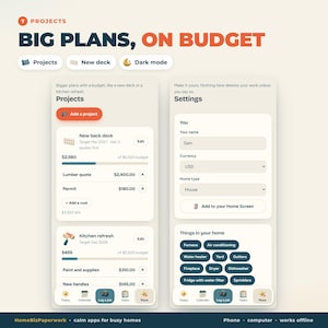 Pu&ograve; includere: Un'interfaccia digitale intitolata Big Plans, On Budget che mostra schermate di gestione progetti. Il lato sinistro elenca progetti come New back deck e Kitchen refresh con tracker di budget. Il lato destro mostra le impostazioni utente per nome, valuta e tipo di casa.