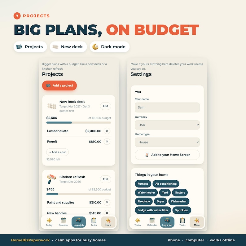 Pu&ograve; includere: Un'interfaccia digitale intitolata Big Plans, On Budget che mostra schermate di gestione progetti. Il lato sinistro elenca progetti come New back deck e Kitchen refresh con tracker di budget. Il lato destro mostra le impostazioni utente per nome, valuta e tipo di casa.