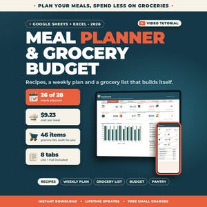 Foglio di calcolo per la pianificazione dei pasti Google Sheets Excel / Budget per la spesa, Piano pasti settimanale, Lista della spesa automatica, Calcolatore del costo delle ricette, Dispensa immagine 1