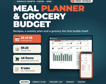 Speiseplan-Tabelle (Google Sheets, Excel) | Lebensmittelbudget, Wochenplan, automatische Einkaufsliste, Rezeptkostenrechner, Vorratskammer