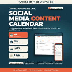 Calendario dei contenuti per i social media, foglio di calcolo Google Sheets Excel / Pianificatore di post, pianificatore di Instagram e TikTok, hashtag, tracker di analisi immagine 1