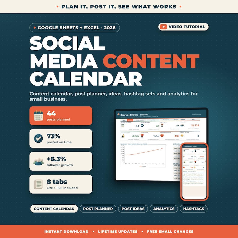 Calendario dei contenuti per i social media, foglio di calcolo Google Sheets Excel / Pianificatore di post, pianificatore di Instagram e TikTok, hashtag, tracker di analisi immagine 1