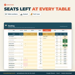 May include: A digital seating chart spreadsheet titled Seating, featuring columns for guest names, table numbers, seat counts, and status indicators like Open, Full, and Empty. The interface includes navigation tabs and icons for table numbers, seated guests, and full tables.