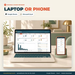 May include: A digital dashboard displayed on a laptop and a smartphone, featuring data tables, charts, and RSVP status tracking. The text reads: Works everywhere, Laptop or Phone, Google Sheets, Microsoft Excel, Dashboard, HomeBizPaperwork.