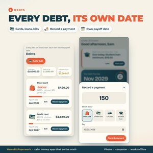 K&ouml;nnte beinhalten: Eine digitale Benutzeroberfl&auml;che zur Schuldenverwaltung mit dem Text EVERY DEBT, ITS OWN DATE. Der Bildschirm zeigt Finanzdaten, darunter Gesamtschulden von 18.260,00 $, Kontost&auml;nde von Karten und ein Pop-up-Fenster zur Erfassung von Zahlungen.