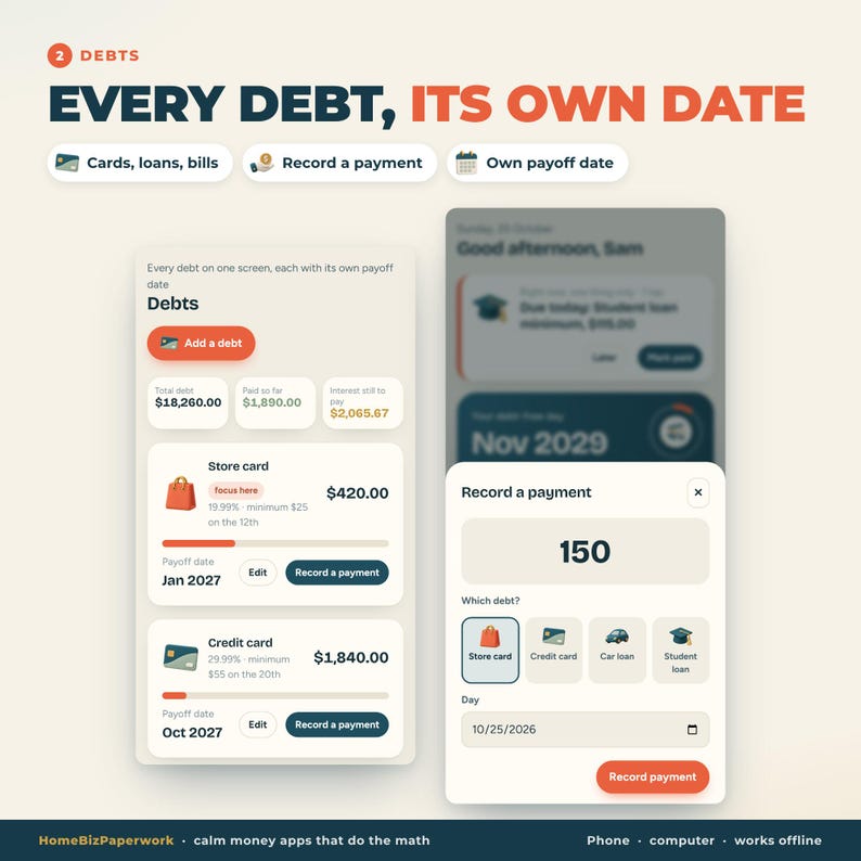 K&ouml;nnte beinhalten: Eine digitale Benutzeroberfl&auml;che zur Schuldenverwaltung mit dem Text EVERY DEBT, ITS OWN DATE. Der Bildschirm zeigt Finanzdaten, darunter Gesamtschulden von 18.260,00 $, Kontost&auml;nde von Karten und ein Pop-up-Fenster zur Erfassung von Zahlungen.
