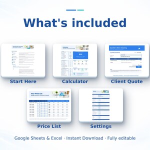 Pu&ograve; includere: Un set di modelli di gestione aziendale digitale con cinque schermate di interfaccia bianche etichettate come Start Here, Calculator, Client Quote, Price List e Settings, con il testo What's included, Google Sheets & Excel, Instant Download, Fully editable.