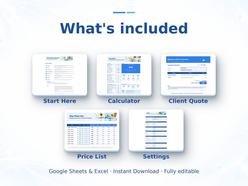 Pu&ograve; includere: Un set di modelli di gestione aziendale digitale con cinque schermate di interfaccia bianche etichettate come Start Here, Calculator, Client Quote, Price List e Settings, con il testo What's included, Google Sheets & Excel, Instant Download, Fully editable.