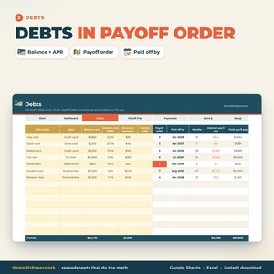 May include: A digital debt payoff tracker spreadsheet featuring columns for debt name, type, balance, APR, minimum payment, payoff order, and payoff date. The table displays rows for various loans and credit cards with calculated totals.