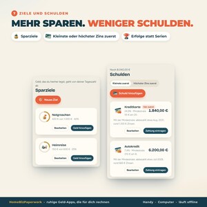 May include: A digital interface displaying financial management tools with sections for savings goals and debt tracking. The screen features text in German, including headings like Sparziele and Schulden, with interactive buttons for adding goals, debts, and payments.