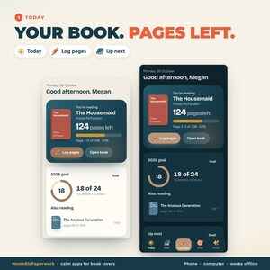 K&ouml;nnte beinhalten: Eine digitale Benutzeroberfl&auml;che f&uuml;r eine Buch-Tracking-App mit dem Titel YOUR BOOK. PAGES LEFT. Der Bildschirm zeigt den Lesefortschritt f&uuml;r The Housemaid mit 124 verbleibenden Seiten, ein 2026-Ziel und verschiedene Protokoll-Schaltfl&auml;chen.
