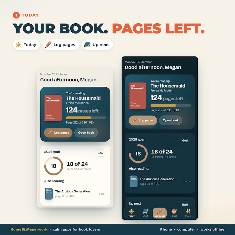 K&ouml;nnte beinhalten: Eine digitale Benutzeroberfl&auml;che f&uuml;r eine Buch-Tracking-App mit dem Titel YOUR BOOK. PAGES LEFT. Der Bildschirm zeigt den Lesefortschritt f&uuml;r The Housemaid mit 124 verbleibenden Seiten, ein 2026-Ziel und verschiedene Protokoll-Schaltfl&auml;chen.