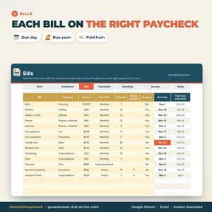 Puede incluir: Una plantilla de hoja de c&aacute;lculo digital titulada 3 BILLS EACH BILL ON THE RIGHT PAYCHECK. La tabla muestra columnas para el nombre de la factura, categor&iacute;a, monto, frecuencia, d&iacute;a de vencimiento, estado de pago autom&aacute;tico y fecha de vencimiento.
