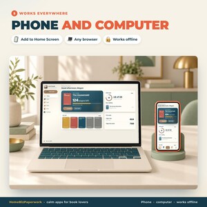 K&ouml;nnte beinhalten: Ein Laptop und ein Smartphone mit einer Lese-Tracking-App. Der Bildschirm zeigt den Text 'Good afternoon, Megan' und 'The Housemaid'. Die Benutzeroberfl&auml;che enth&auml;lt Fortschrittsbalken, Buchcover und Leseziele. Die Ger&auml;te stehen auf einem Tisch.