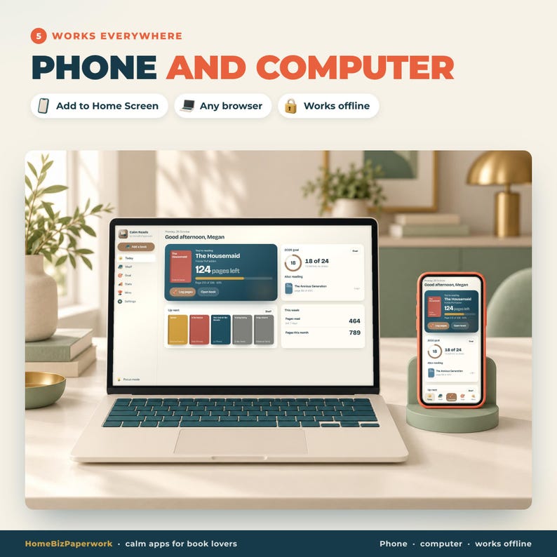 K&ouml;nnte beinhalten: Ein Laptop und ein Smartphone mit einer Lese-Tracking-App. Der Bildschirm zeigt den Text 'Good afternoon, Megan' und 'The Housemaid'. Die Benutzeroberfl&auml;che enth&auml;lt Fortschrittsbalken, Buchcover und Leseziele. Die Ger&auml;te stehen auf einem Tisch.
