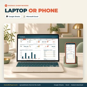 May include: A laptop and a smartphone displaying a financial dashboard for Google Sheets and Microsoft Excel. The text reads: 6 WORKS EVERYWHERE LAPTOP OR PHONE, Google Sheets, Microsoft Excel, HomeBizPaperwork, spreadsheets that do the math.