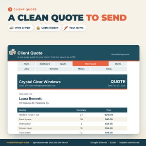 Bedrijfsplanner voor ramenreiniging in Google Sheets/Excel | Prijs per raam, offerte voor de klant, klantvolgsysteem, planning, winst afbeelding 4