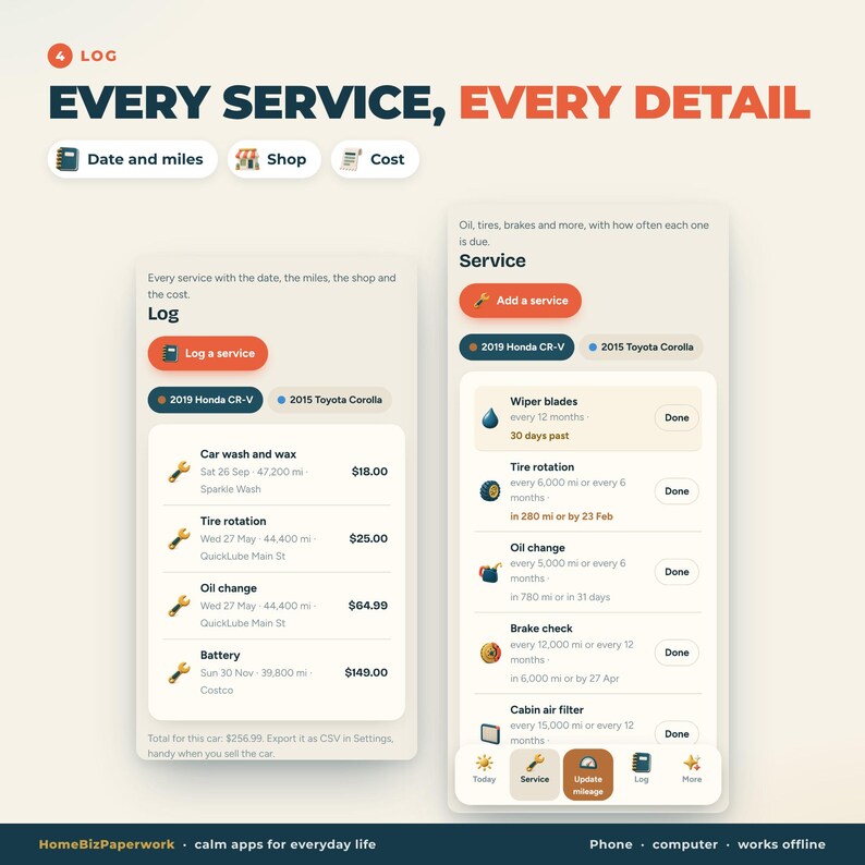 May include: A digital interface for a vehicle maintenance log app titled Every Service, Every Detail. The screen displays a list of car services including dates, mileage, shop names, and costs for a 2019 Honda CR-V and 2015 Toyota Corolla.