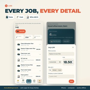 Pu&ograve; includere: Un'interfaccia digitale per un'app di registro della manutenzione domestica intitolata Every Job, Every Detail. Lo schermo mostra un elenco di attivit&agrave; domestiche, date, costi e fornitori di servizi, con una finestra pop-up per registrare nuovi lavori che include campi per la descrizione dell'attivit&agrave;, la data, il costo e il fornitore.