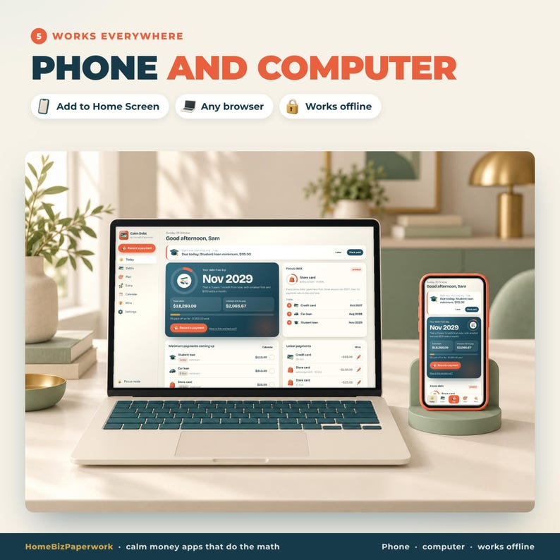 K&ouml;nnte beinhalten: Ein Laptop und ein Smartphone mit einem Finanz-Dashboard und dem Text '5 WORKS EVERYWHERE PHONE AND COMPUTER', 'Add to Home Screen', 'Any browser', 'Works offline' sowie 'HomeBizPaperwork calm money apps that do the math'.
