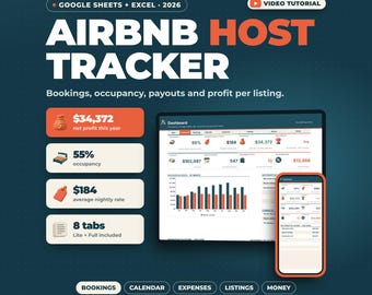 May include: A digital Airbnb host tracker for Google Sheets and Excel 2026. The graphic displays a dashboard interface on a computer screen and smartphone, showing metrics like $34,372 net profit, 55% occupancy, and $184 average nightly rate.