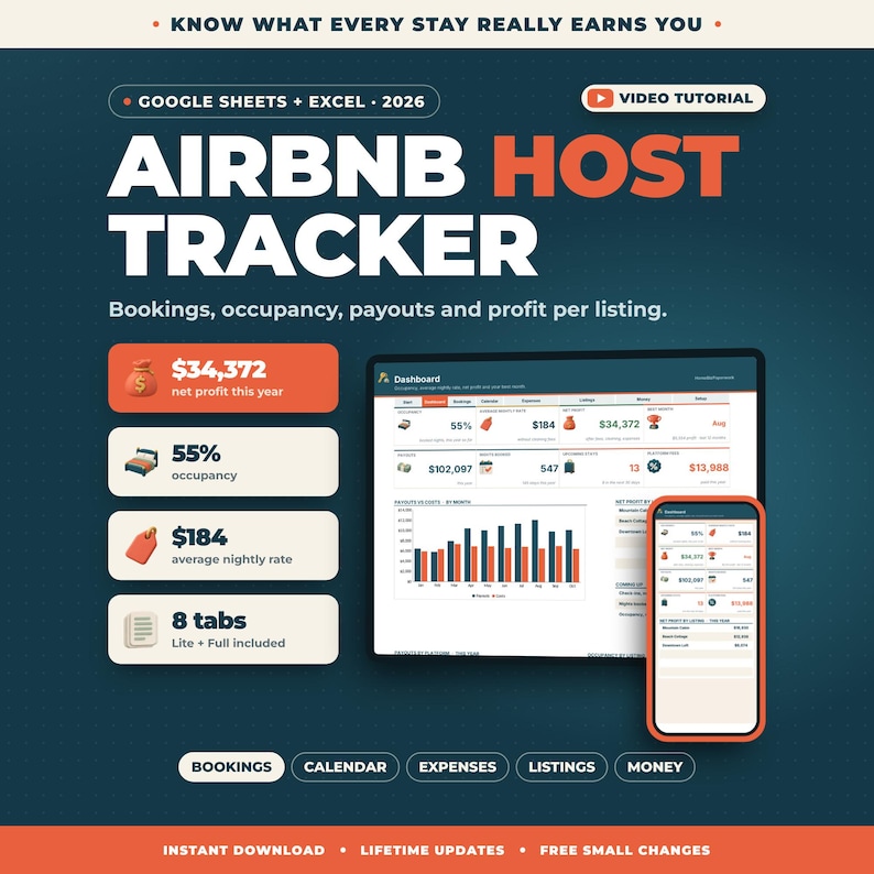 May include: A digital Airbnb host tracker for Google Sheets and Excel 2026. The graphic displays a dashboard interface on a computer screen and smartphone, showing metrics like $34,372 net profit, 55% occupancy, and $184 average nightly rate.