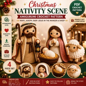 Pode incluir: Um padrão de crochê amigurumi de presépio de Natal com Maria, José, o menino Jesus na manjedoura e uma ovelha. O texto inclui 'Christmas NATIVITY SCENE', 'AMIGURUMI CROCHET PATTERN' e tamanhos finais: José 18 cm, Maria 16,5 cm, Jesus 10 cm e ovelha 11,5 cm.