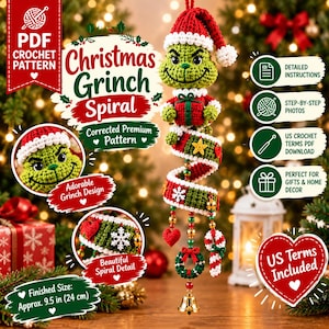 May include: A crochet pattern for a Christmas Grinch spiral ornament, featuring a green character with a Santa hat holding a gift, with a spiral body decorated with stars, snowflakes, hearts, and a candy cane, ending in a gold bell, 9.5 inches.