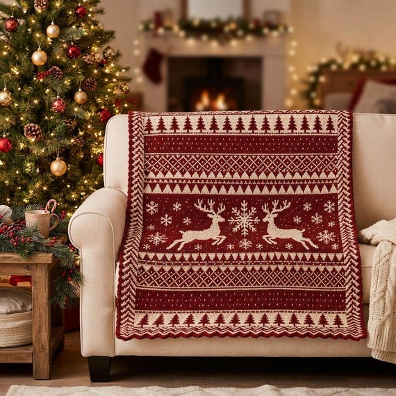 Christmas Mosaic Crochet Blanket Pattern PDF, Overlay Mosaic Christmas Blanket Crochet Pattern, Symmetric Reindeer Snowflake Graphgan