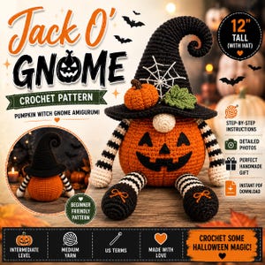 Peut inclure: Un modèle au crochet pour un gnome sorcière citrouille Jack O' Gnome. Le gnome présente un corps de citrouille orange avec un visage de lanterne, un chapeau pointu noir avec une toile d'araignée, et des bras et jambes rayés noir et blanc. Il mesure 30,48 cm.