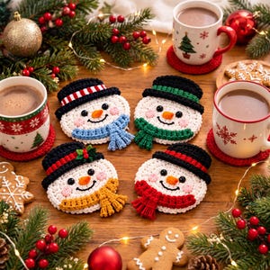 Puede incluir: Cuatro posavasos de ganchillo con forma de muñeco de nieve, con caras blancas, sombreros negros y bufandas de colores azul, verde, amarillo y rojo. Cada muñeco tiene una pequeña nariz naranja, ojos negros y mejillas rosadas.