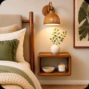 May include: A floating wooden nightstand with rounded corners, featuring a white ceramic vase with green stems, a white bowl, and a glass candle labeled Nookvella. Above, a rattan wall sconce emits warm light, illuminating the bedside area.
