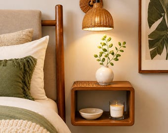 Set of 2 Walnut Floating Nightstands, Curved Edge Wall-Mounted Bedside Tables, Bamboo Floating Nightstand