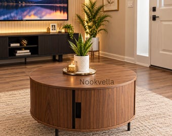 Round Coffee Table with Storage, 31.5 Inch Walnut Coffee Table, Mid Century Modern Living Room Table, Brown Wood Center Table
