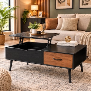 May include: A black coffee table with a lift-top mechanism, a single wooden drawer with a black handle, and four tapered legs. The table features a wood-grain finish on the drawer front and a black frame, with the text Nookvella visible on the top.
