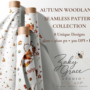 May include: Three fabric rolls featuring an Autumn Woodland seamless pattern collection with squirrels, mushrooms, and berries on a white background. Text reads: AUTUMN WOODLAND SEAMLESS PATTERN COLLECTION, 8 Unique Designs, 3600 x 3600 px, 300 DPI, PNG, Zaky Grace STUDIO.