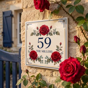 Peut inclure: Une plaque de maison carrée en céramique sur fond crème, affichant le numéro 59 et le texte THE MILLERS en bleu foncé. La plaque est ornée d'illustrations de roses rouges et de feuilles vertes, encadrée par un fin liseré bleu foncé.