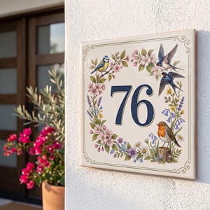 Könnte beinhalten: Ein quadratisches Hausnummernschild aus Keramik mit der Zahl 76 in dunkelblauer Serifenschrift. Das Schild ist mit einer farbenfrohen Illustration einer Blaumeise, eines Rotkehlchens und zweier Schwalben sowie Blüten verziert.