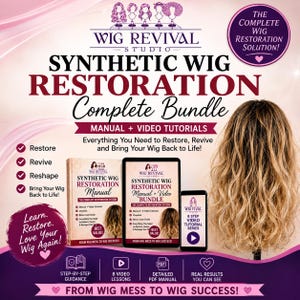 Puede incluir: Un paquete completo de restauración de pelucas sintéticas que incluye un manual impreso, una tableta con guías digitales y un teléfono inteligente con una serie de 8 tutoriales en video. El texto incluye Wig Revival Studio, Synthetic Wig Restoration Complete Bundle y From Wig Mess to Wig Success, junto a una peluca rubia sobre un soporte.
