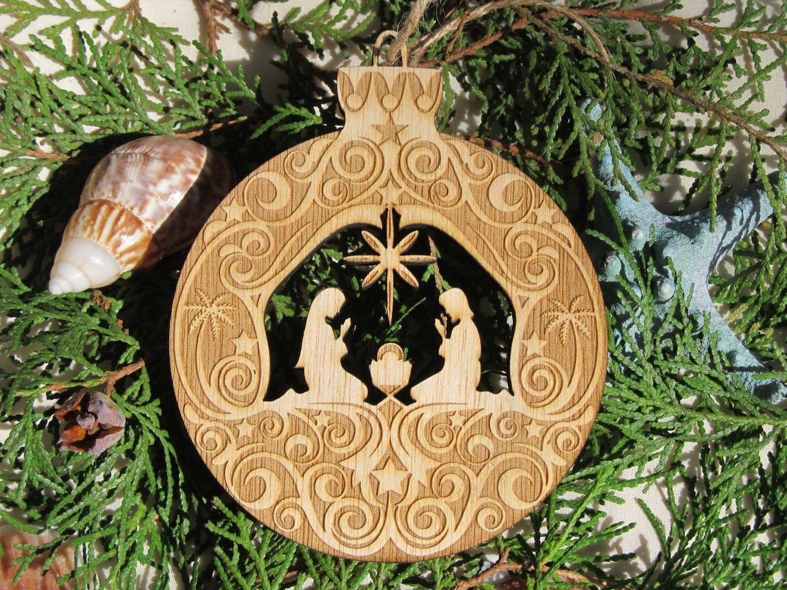 Manger Scene Wood Nativity Christmas Ornament laser engraved Etsy