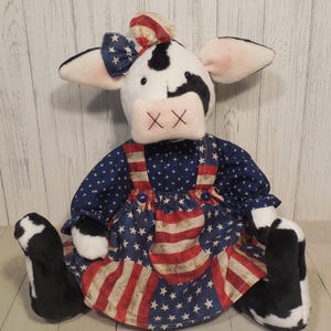 Primitive Plush COW Doll Handmade in Patriotic AMERICANA Dress Country Farmhouse Home Shelf Decor