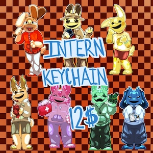 May include: A collection of seven cartoon rabbit characters in various outfits and poses, arranged on a brown and orange checkered background. The text INTERN KEYCHAIN is displayed in the center, with the text 12$ positioned below it.