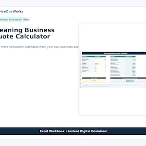 Op de afbeelding: Een Excel-werkmap voor het berekenen van offertes voor schoonmaakbedrijven met een spreadsheet-interface met kolommen voor servicedetails, arbeidsuren en kostenramingen, met een aanbevolen offerte van $280,00.